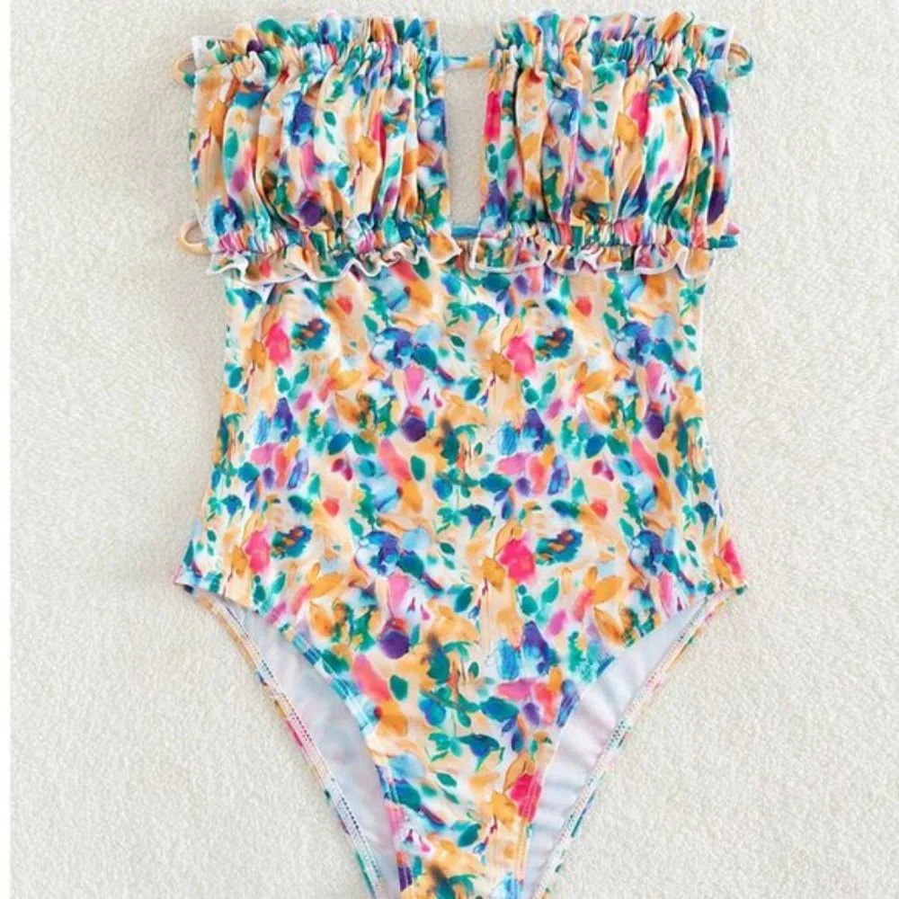 Floral Print Ruched Bust Bandeau One Piece Swimsuit Bathing Suit - Picture 3 of 5